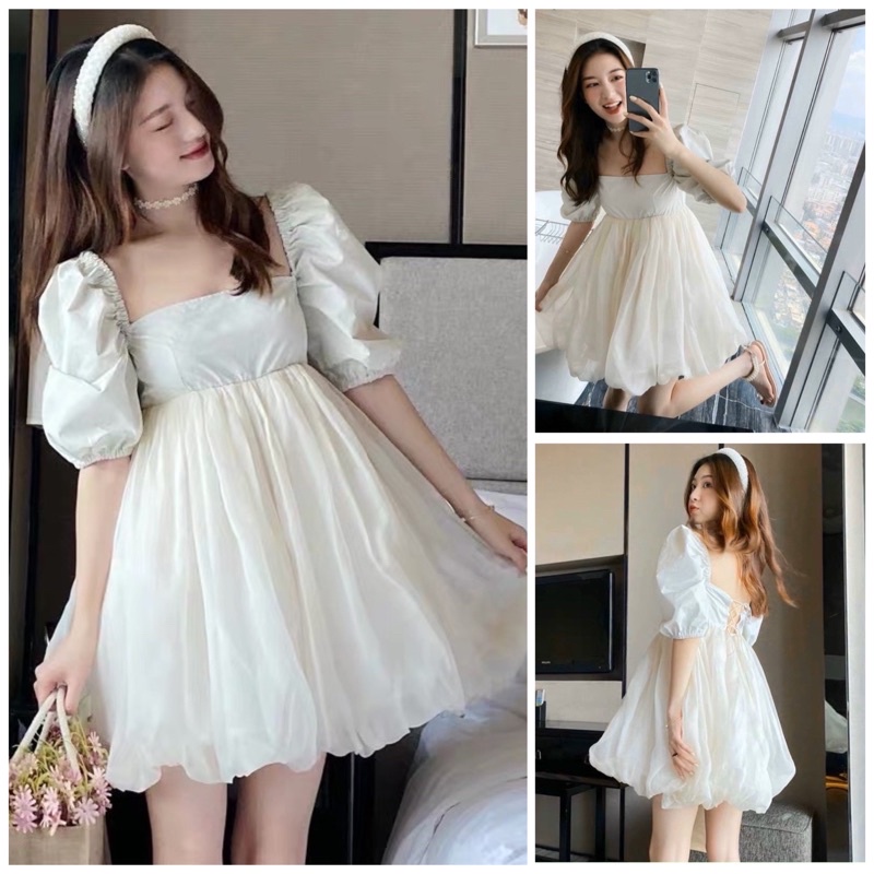 D100 - đầm xoè cổ vuông tay phồng đan dây lưng
