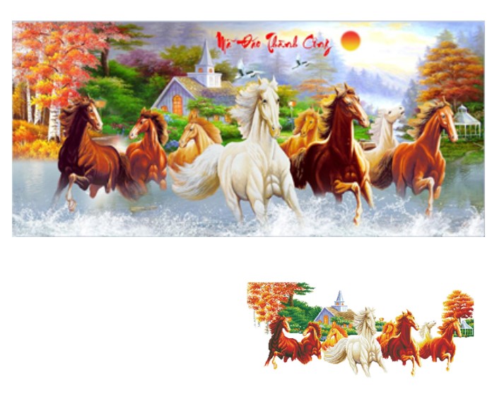 TRANH ĐÍNH ĐÁ 8 con ngựa Mã Đáo Thành Công chạy trên nước VS290 |120x60cm|  Chưa đính