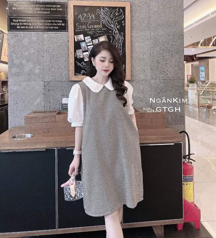 Đầm bầu công sở Váy bầu đẹp Xanh Than Phối Cổ Đức Cộc Tay