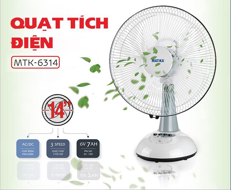 Quạt tích điện Matika 24W tiết kiệm điện màu trắng xám MTK-6314