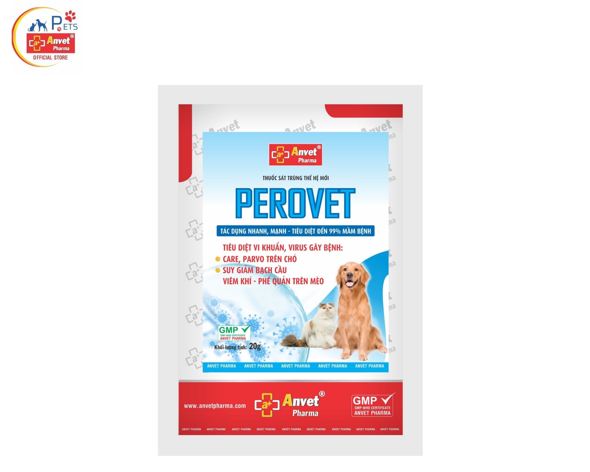 PEROVET Thu.ốc bột sát trùng thế hệ mới , tác dụng nhanh- mạnh, tiêu diệt vi khuẩn, virus gây bệnh trên chó mèo. Gói 20G