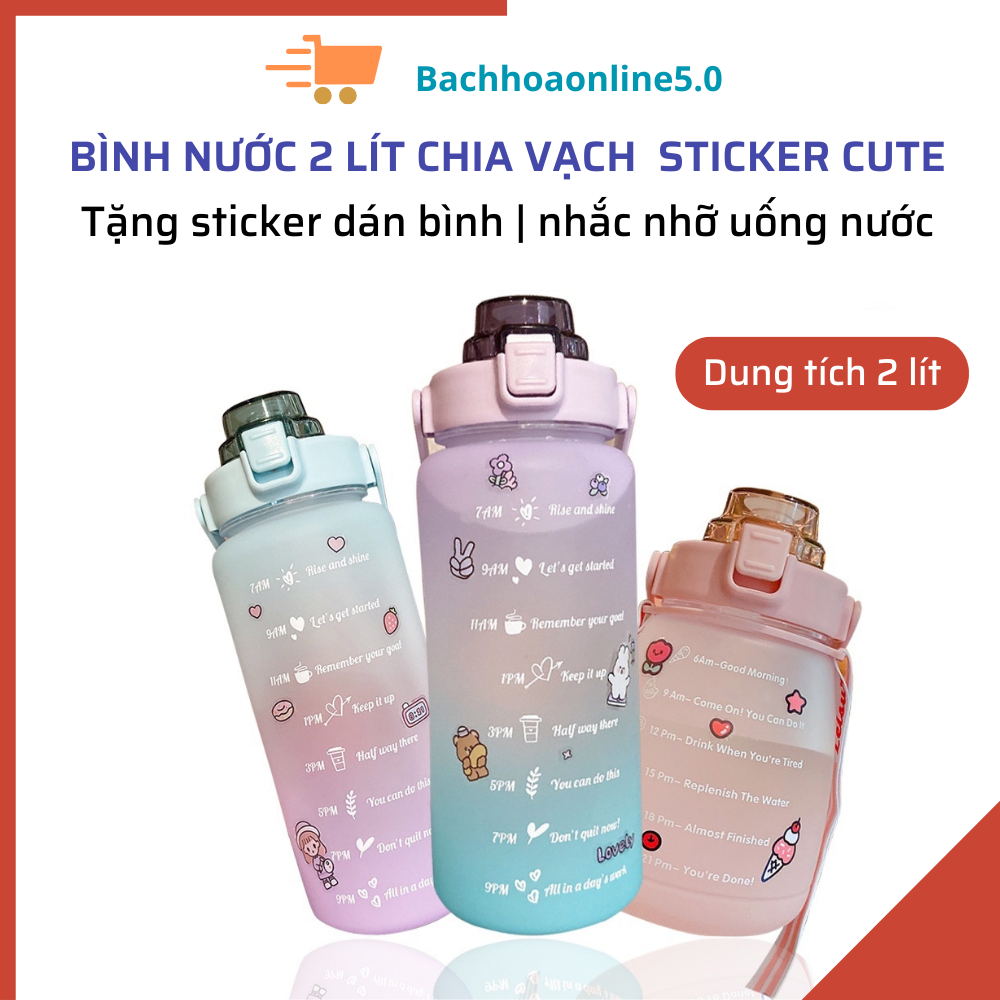 Bình nước có ống hút 2 lít Sticker, Bình nước thể thao Cute chia vạch có giờ báo uống nước mỗi ngày.