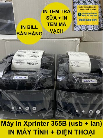 Máy in mã vạch Xprinter, In tem trà sữa, in bill từ điện thoại Gắn dây Lan In wifi + in máy tính XP 365B USB + LAN