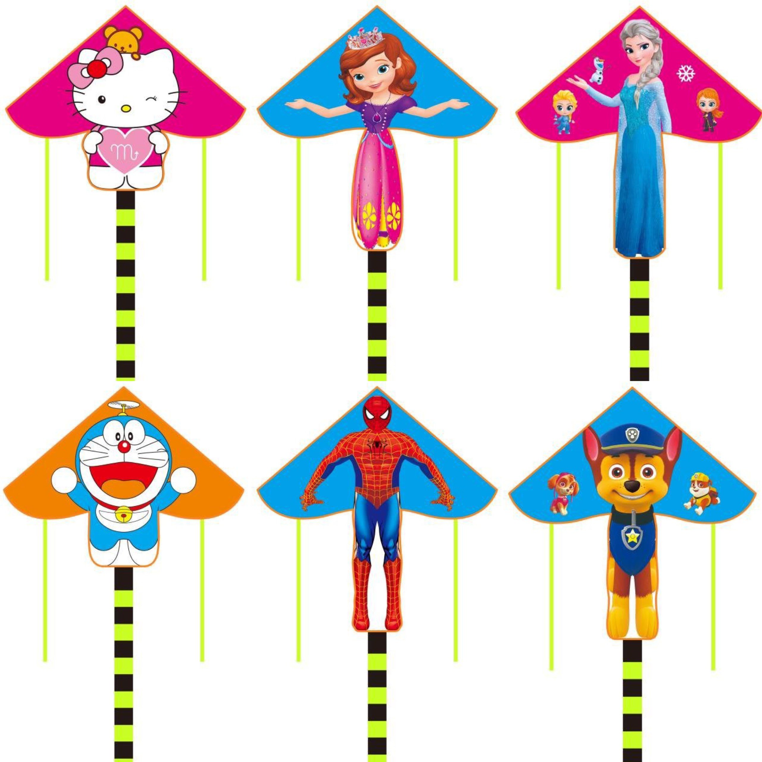 Diều hình helokity, elsa, siêu nhân, Doremon, công chúa cỡ đại tặng 50m dây