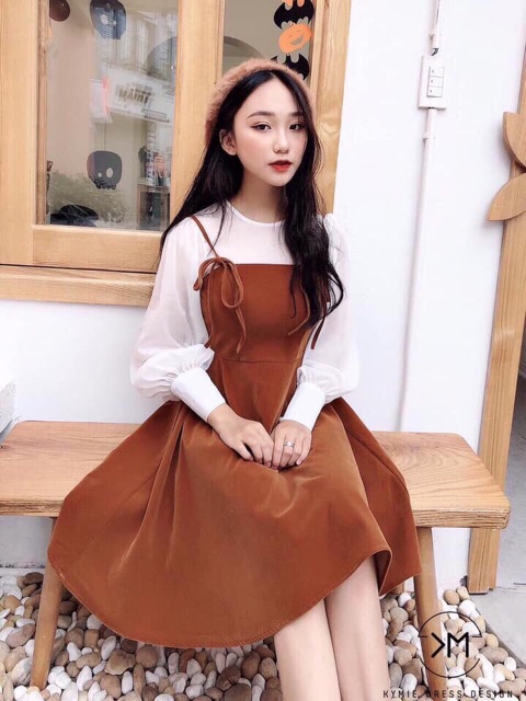 Mua Váy yếm nhung tăm dáng dài style vintage nữ sinh trẻ trung đáng yêu Hàn  Quốc  Tiki