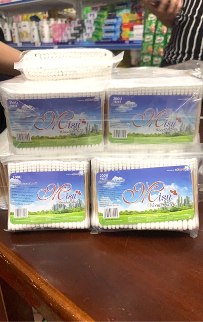 Tăm Bông Y Tế Cán Gỗ MiSu Túi 100 cây/200 cây