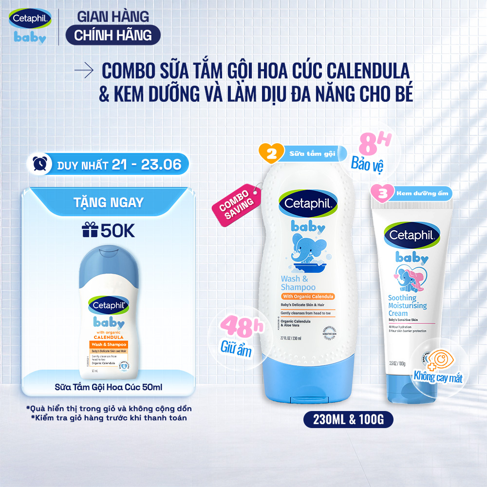 Combo 2 bước Sữa tắm gội với Calendula hoa cúc hữu cơ 230ml + Kem dưỡng ẩm làm dịu đa năng Cetaphil Baby 100Gr
