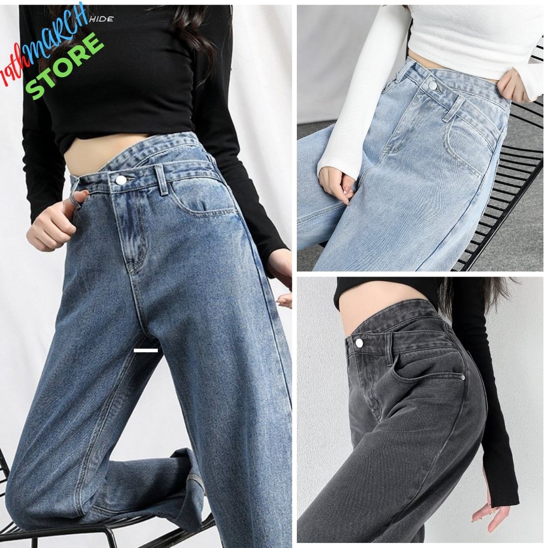 Quần jean nữ lưng cao cạp chéo ống rộng dáng suông, quần bò nữ ống đứng ulzzang vải bò dày đẹp J018