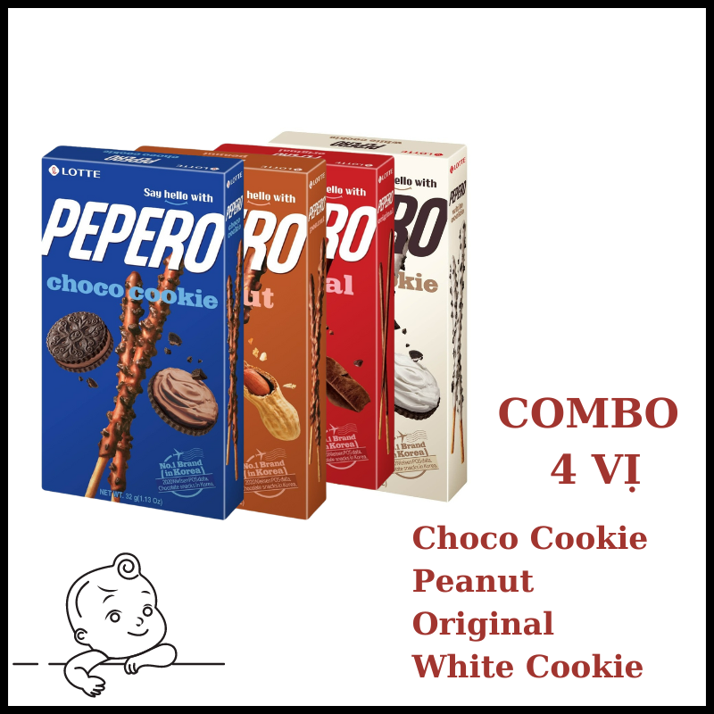 Bánh que Lotte Pepero - Combo 4 - Choco Cookie, Peanut, Original & White Cookie