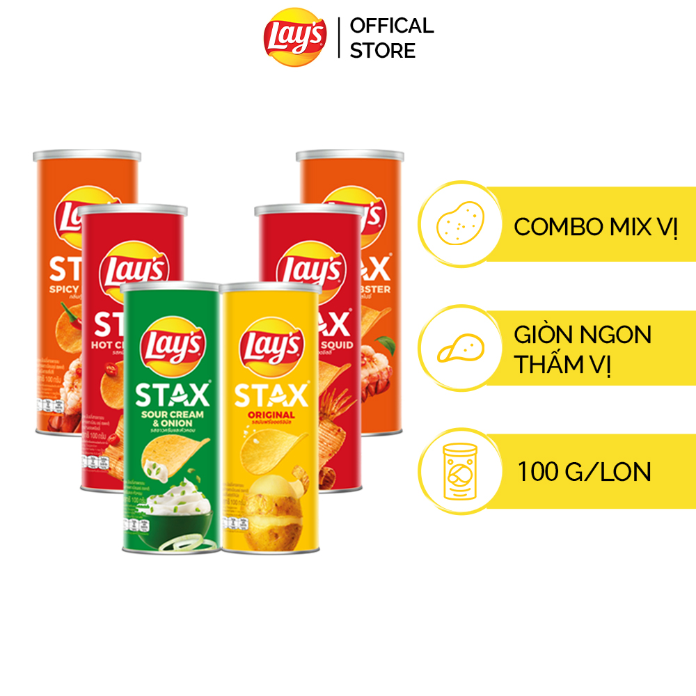 Combo 6 Ống Bánh Khoai Tây LAY'S STAX 100G vị Tự Nhiên/Tôm Hùm Nướng/Kem Chua Hành Tây/Mực Cay/Bò Wagyu Nấm Truffle/BBQ - Giòn Ngon Thấm Vị