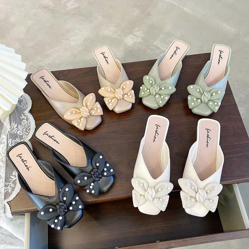 Giày búp bê đính nơ ngọc trai  Sục nơ ngọc trai Sục thời trang nữ Sục nơ siêu mềm