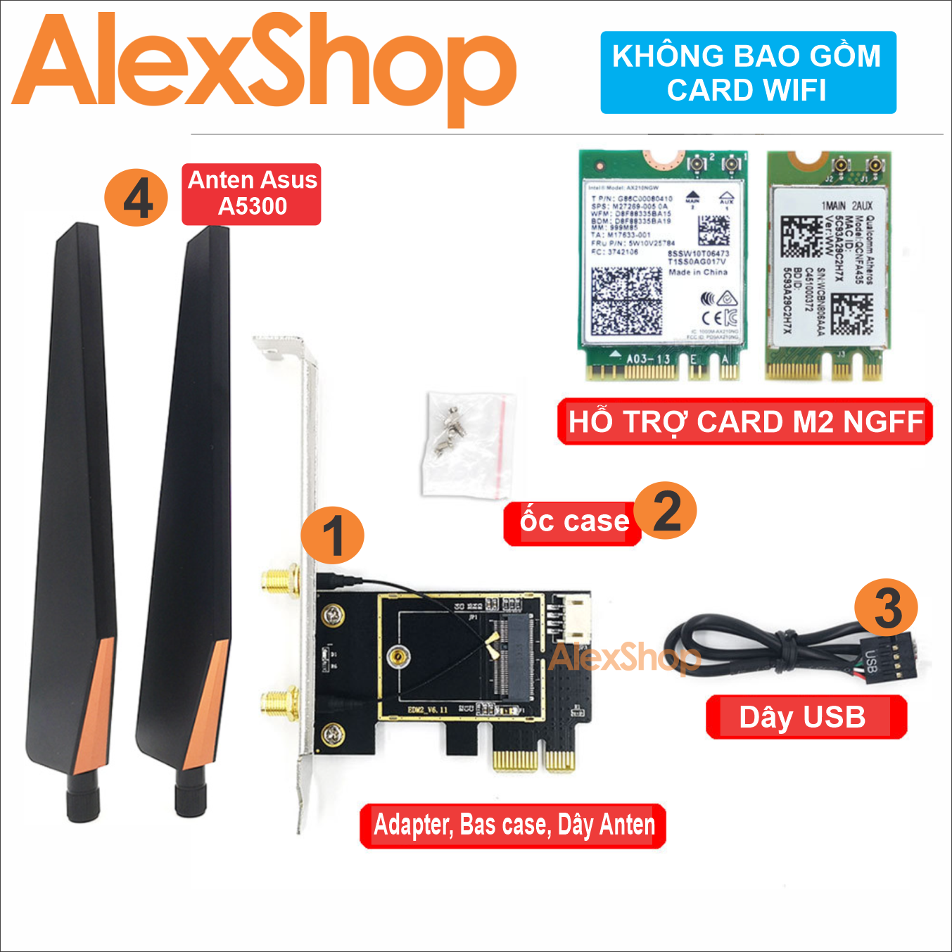 Adapter Pcie cho Card Wifi Chuẩn NGFF M2 4 Món hoặc 3 Món (board, Anten 10dbi, Dây Usb Bluetooth)
