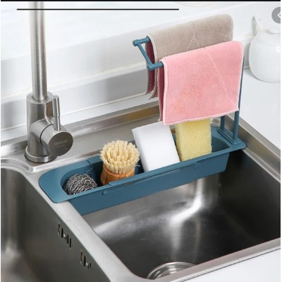 Kệ co giãn gác bồn rửa bát đựng nước rửa chén, cọ xoong nồi có rãnh thoát nước, kèm thanh phơi khăn lau nhanh khô