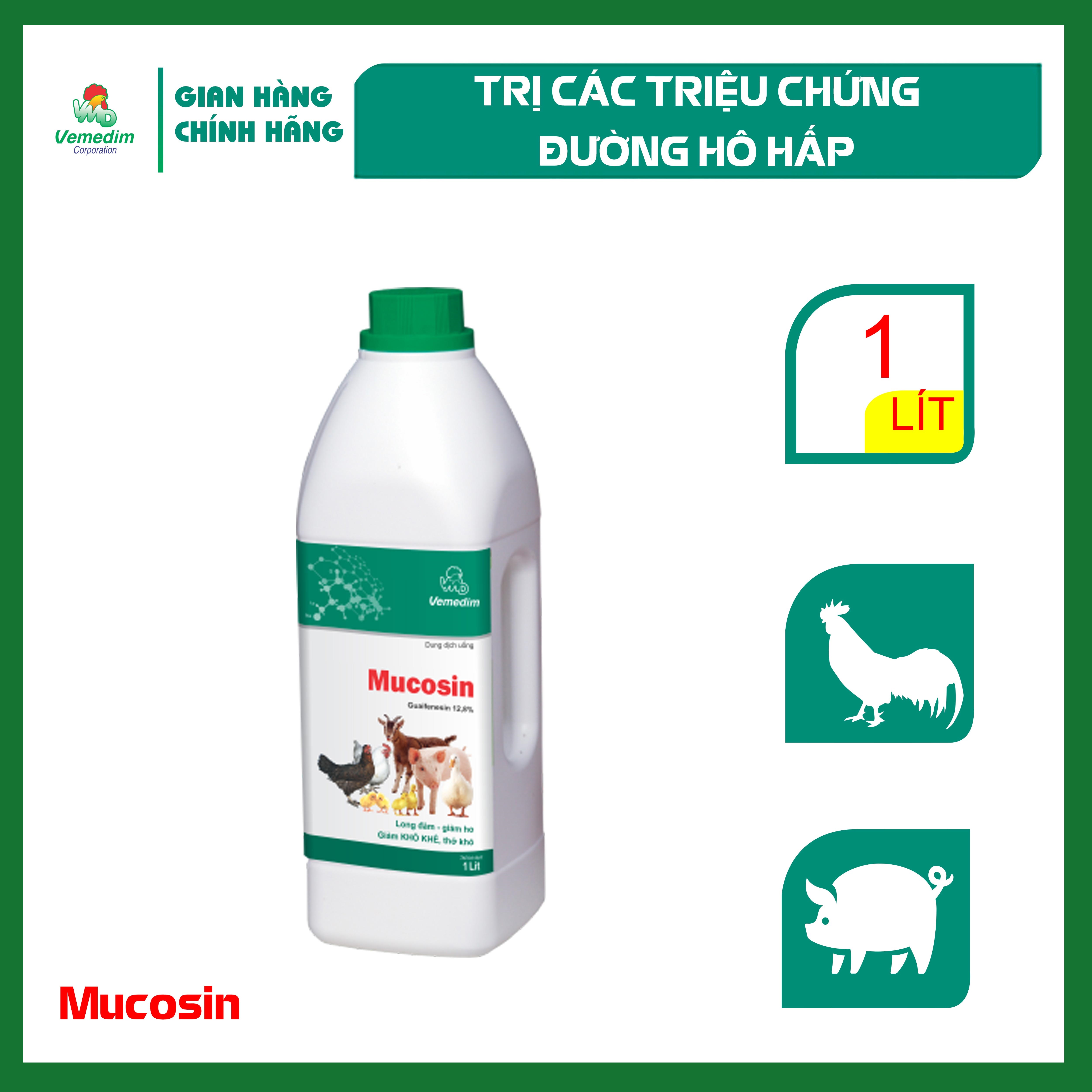 "Hoàn tiền đến 10%" Vemedim Mucosin loãng đàm, tan đàm, giảm ho cho gia súc, chai 1 lit