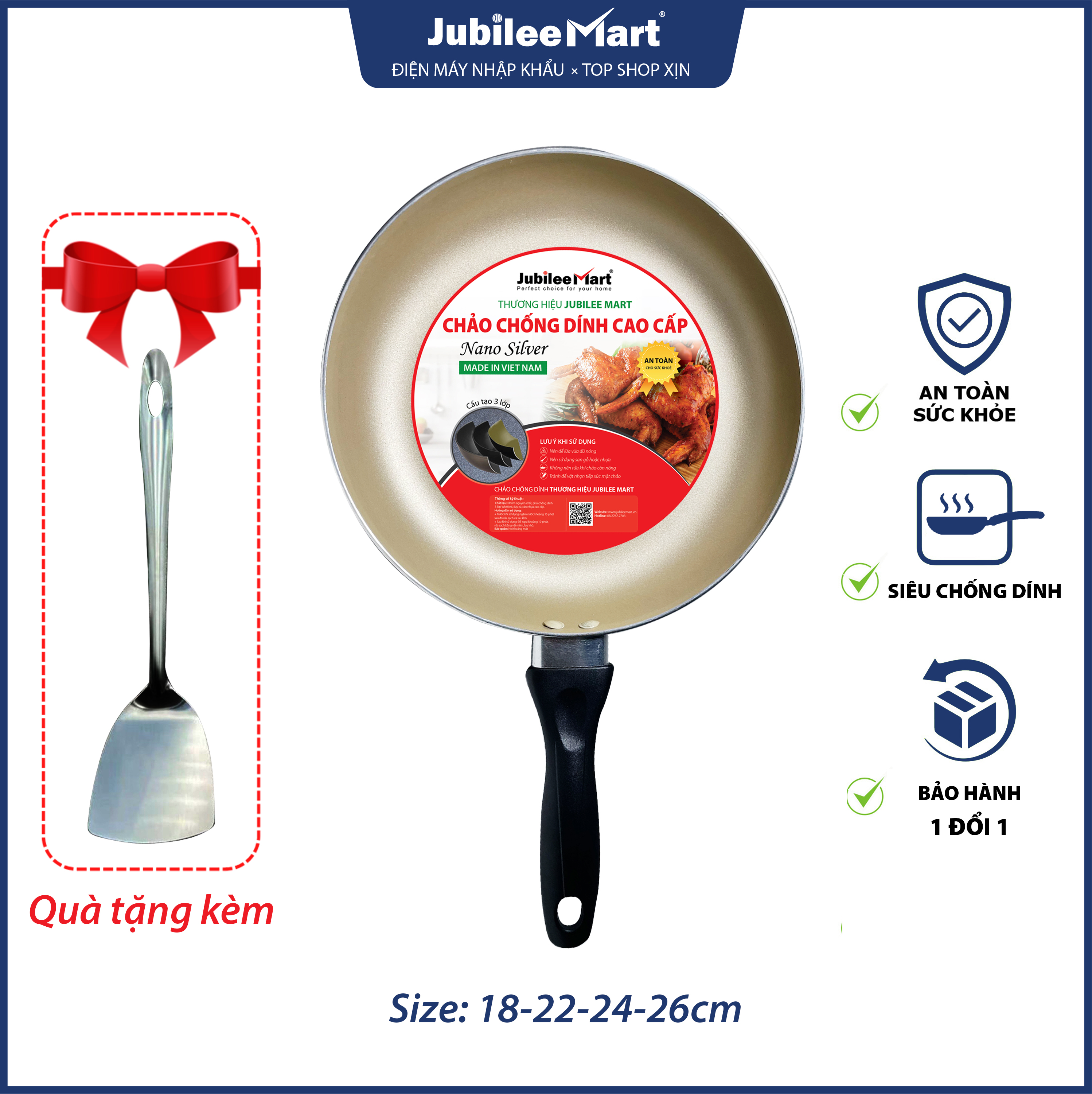Chảo Chống Dính Cao Cấp Mạ Phủ Đồng Jubilee Mart , Chao chong dinh cao cap van da , Chảo chống dính cao cấp size 24