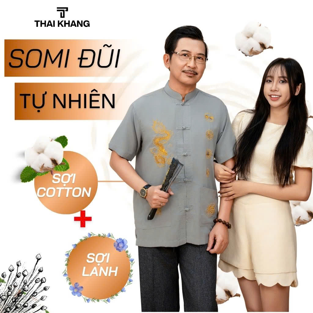 Áo sơ mi cổ trụ trung niên nam THÁI KHANG vải Đũi mịn thiêu rồng cao cấp form rộng thoải mái ATK10
