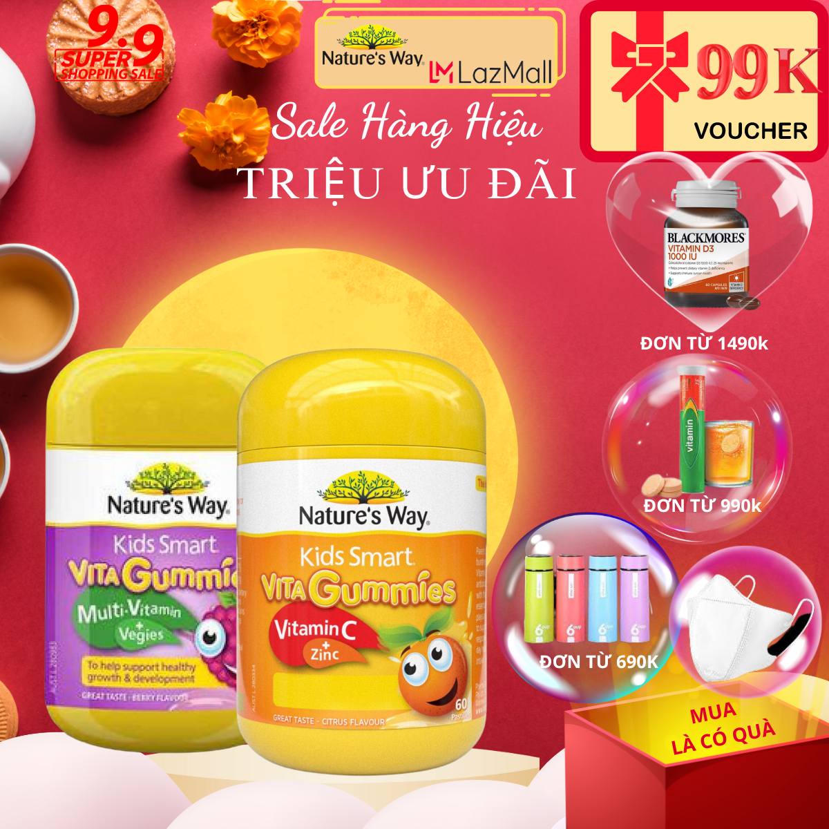 Kẹo dẻo Nature's Way Kids Smart Vita Gummies Úc 60 Viên nhiều vị bổ sung vitamin, khoáng chất cho trẻ từ 2 tuổi