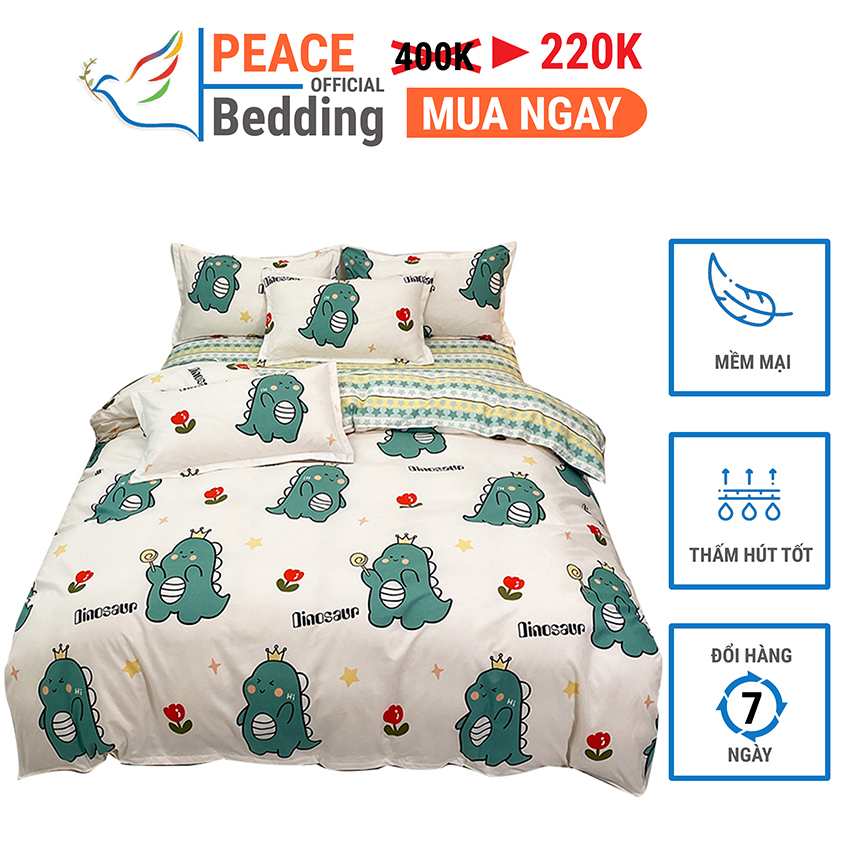 [FREESHIP] Bộ Vỏ Chăn Ga Giường Và 2 Vỏ Gối Đầu 4 Món Giá Rẻ Mẫu Khủng Long Tim Hồng Chất Liệu Cotton Poly Nhập Khẩu Bền Màu Thấm Hút Tốt Giặt Máy Thoải Mái Cho Nệm 1M2 M4 M6 M8 2M