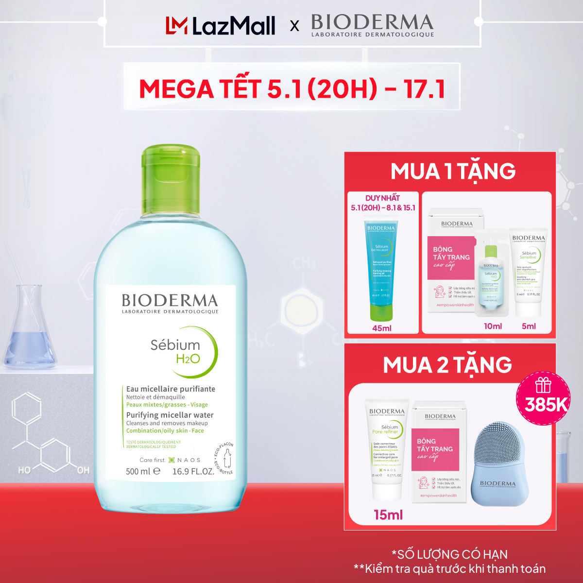 Dung dịch làm sạch và tẩy trang micellar cho da hỗn hợp, da dầu và da mụn Bioderma Sebium H2O - 500ml