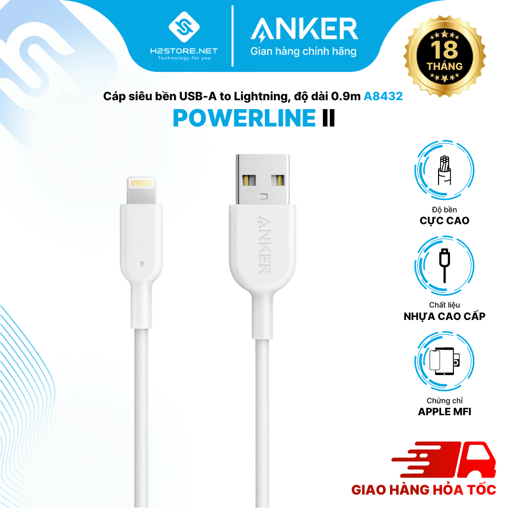 Cáp sạc thế hệ 2 ANKER PowerLine II Lightning dài 0.9m cho iPhone, iPad - A8432