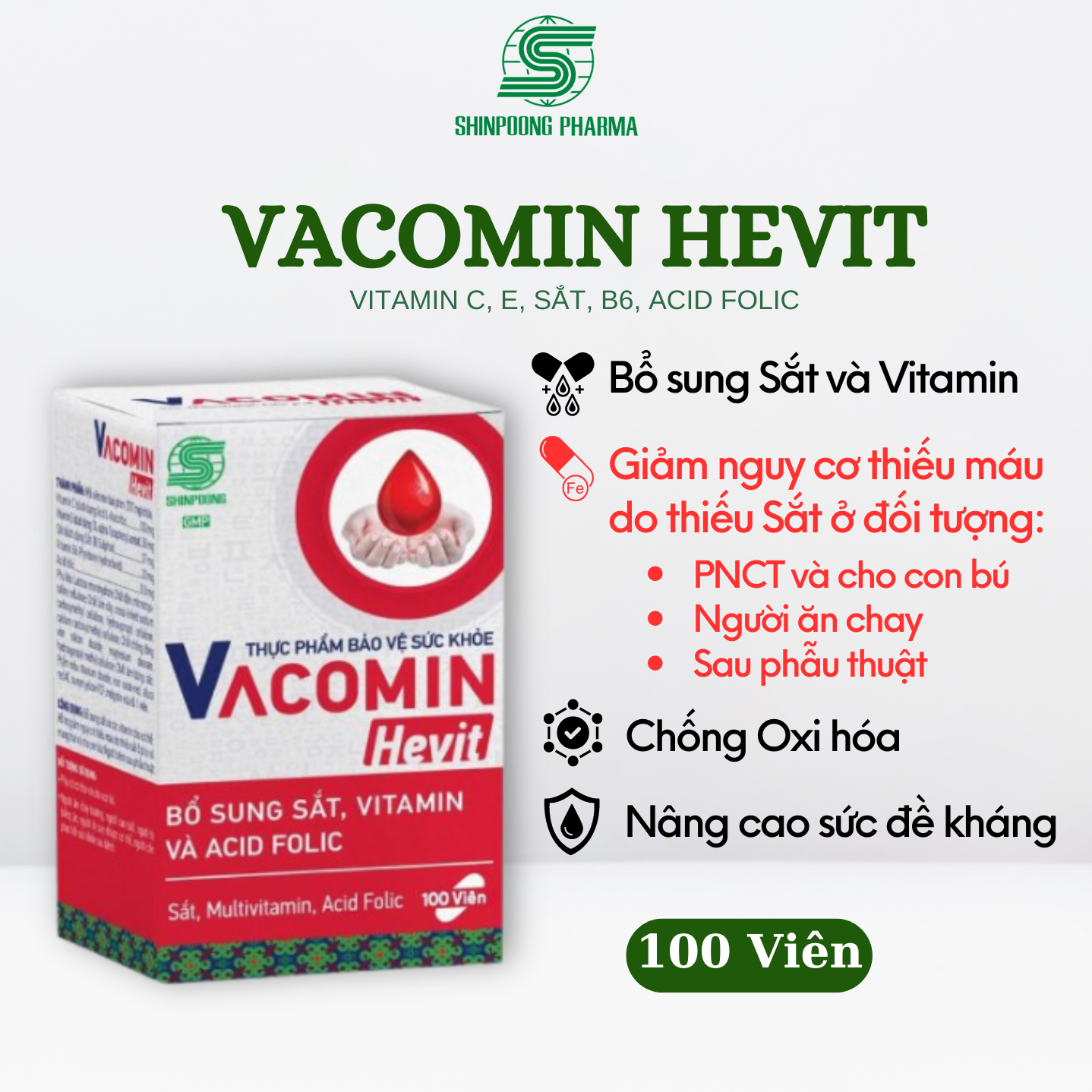 (Hộp 100V) Viên Uống VACOMIN HEVIT Bổ Sung Sắt (Fe) Acid Folic Vitamin C E B6 Cho Người Có Nguy Cơ Thiếu Máu - SHINPOONG PHARMA