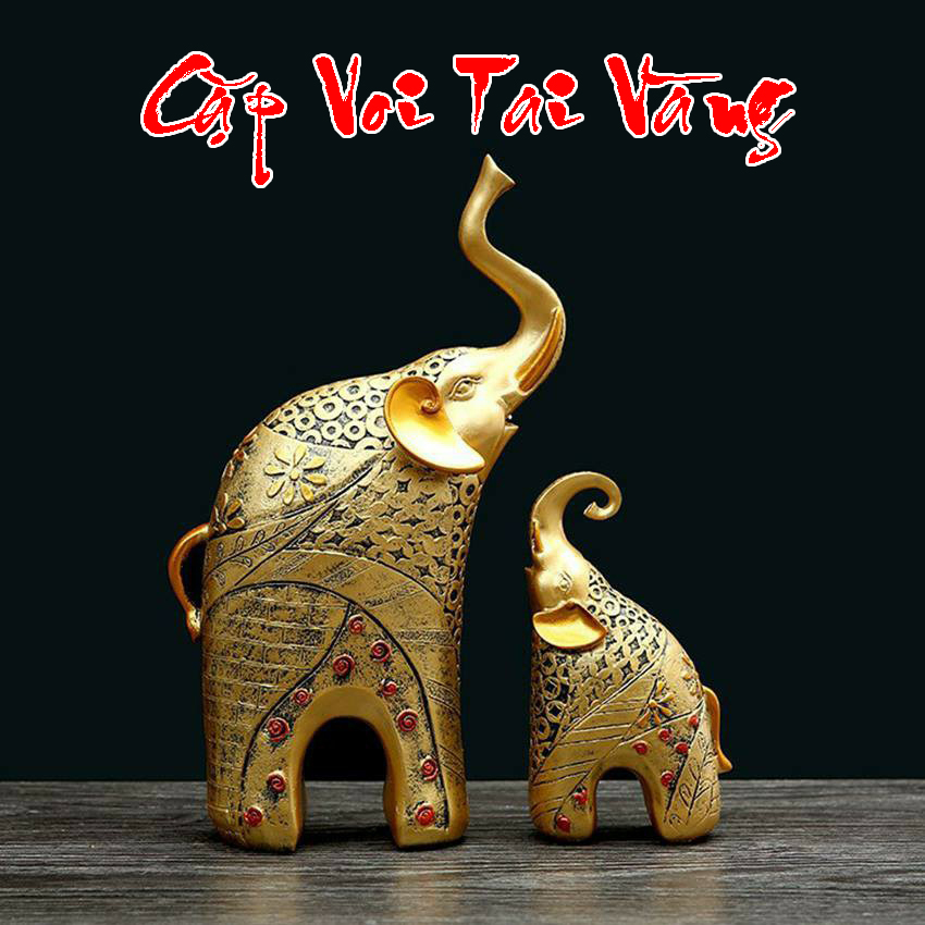 Cặp tượng voi mẹ con trang trí nhà cửa decor vật phẩm phong thủy, cặp voi tai vàng - Decor Việt