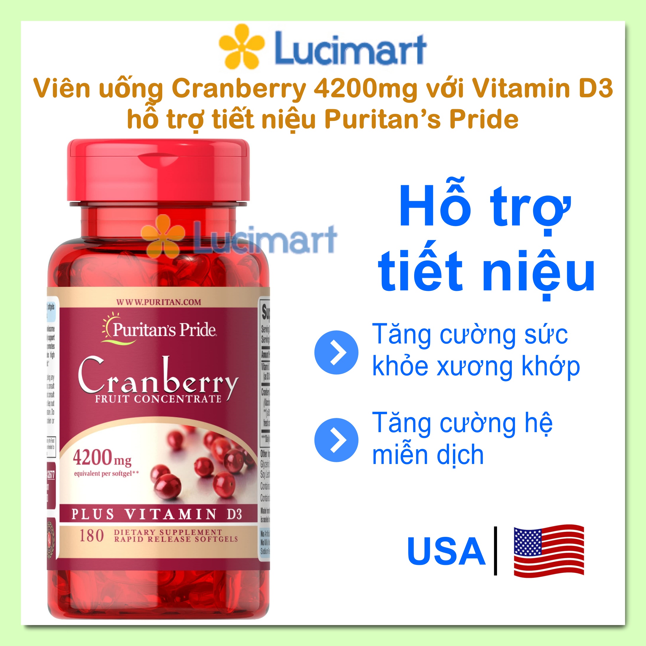 Viên uống Cranberry 4200mg với Vitamin D3 hỗ trợ tiết niệu Puritan s Pride