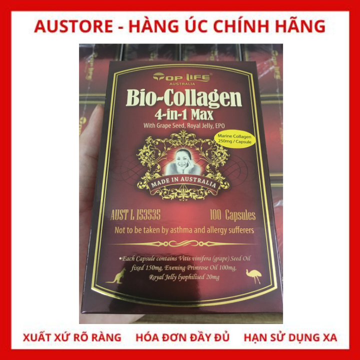 [Bill Úc] Top Life Bio-Collagen 4 in 1 Max - Viên uống đẹp da Top Life Bio Collagen chứa tinh chất dầu hạt nho, hoa anh thảo & sữa ong chúa đông khô