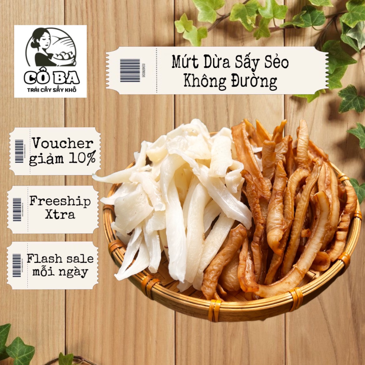 Dừa sấy dẻo không đường cobava 400g mứt dừa không đường vị sữa và vị cà phê béo béo thơm thơm ăn vặt healthy mứt dừa sữa shop trái cây sấy cô ba