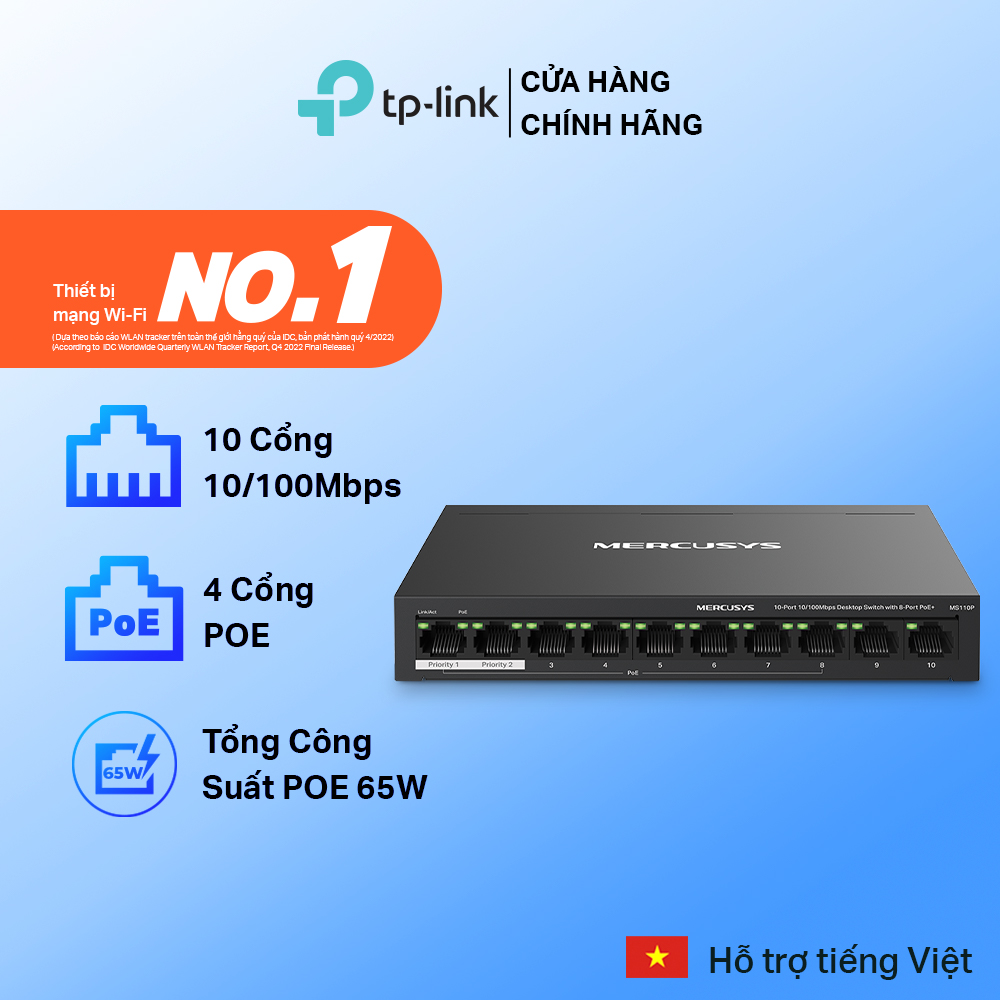 Bộ switch chia mạng mercusys ms110p 10 cổng 10/100 mbps với 8 cổng poe+