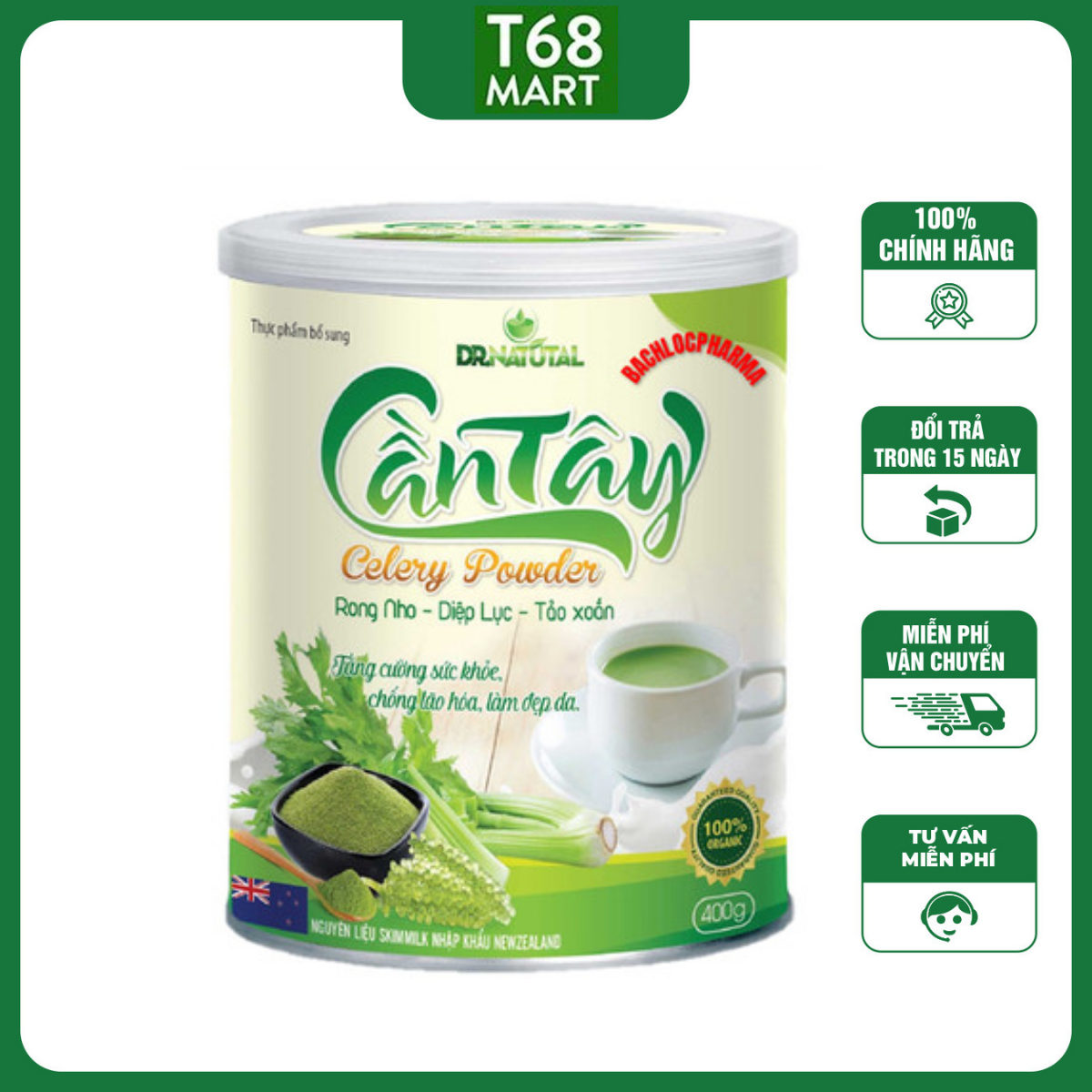 Sữa bột cần tây organic giảm béo giảm mụn đẹp da 400gram, sữa cần tây diệp lục tảo xoắn nguyên chất 100% - T68 Mart