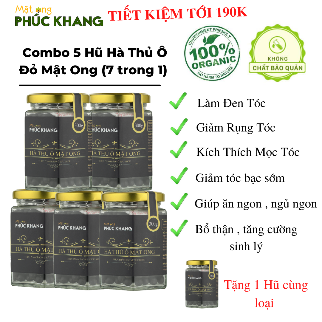 Combo 5 hũ Hà thủ ô đỏ mật ong rừng cao cấp Phúc Khang (7 trong 1) - Làm đen tóc, dưỡng tóc chắc khỏe - Giảm rụng tóc, tóc bạc sớm, kích thích mọc tóc, mọc râu - giúp ngủ ngon - Tặng 1 hũ cùng loại