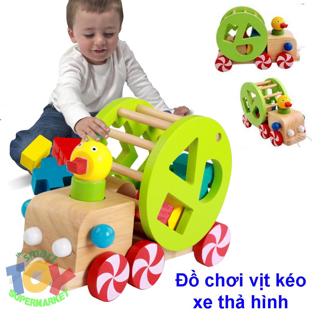 Đồ Chơi Gỗ Xe Kéo Thả Hình Khối Con Vịt Ngộ Nghĩnh Cho Bé, Đồ Chơi Gỗ Cho Bé 2 Tuổi
