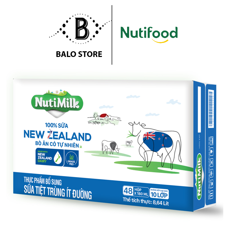 Thùng 48 Hộp NutiMilk 100% Sữa New Zealand Bò ăn cỏ tự nhiên Ít đường 180ml TU.NZSID180LA - Thương Hiệu NUTIFOOD - BALO STORE