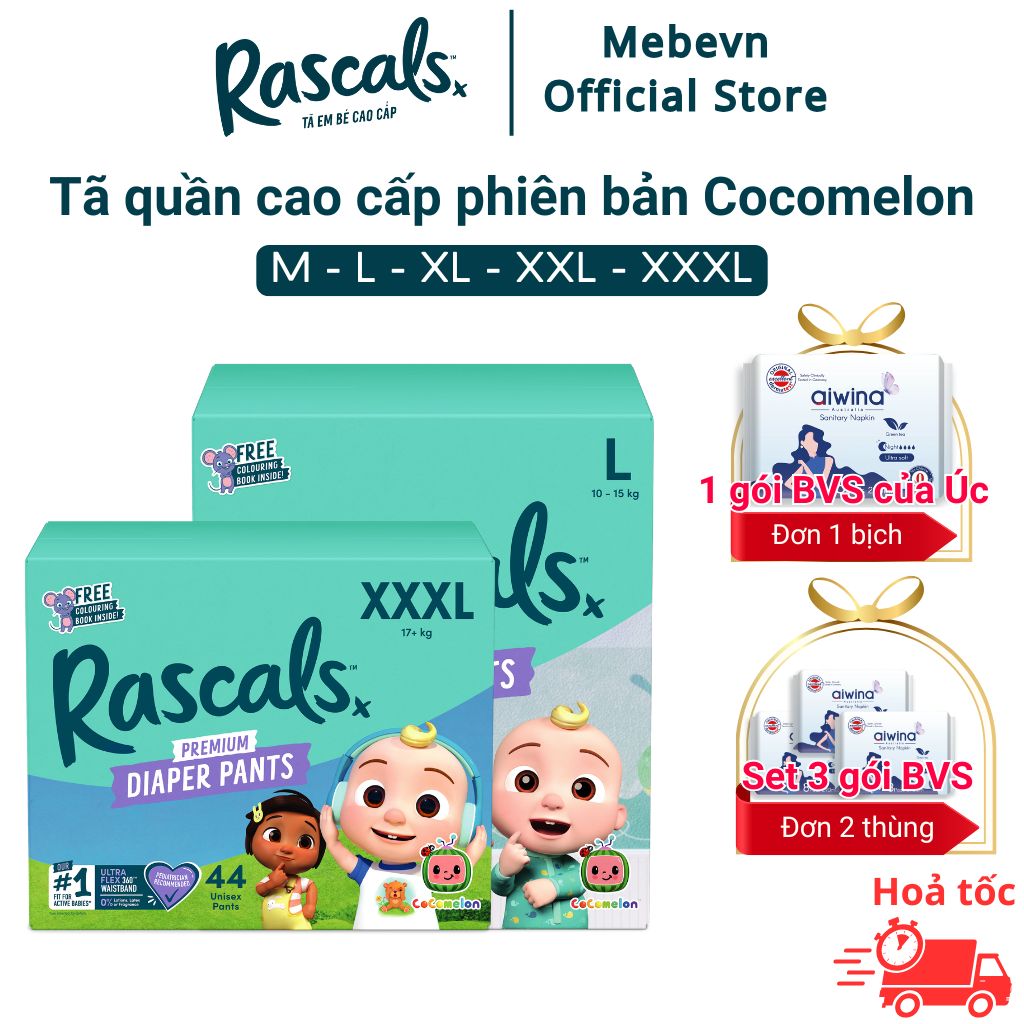 [Voucher 10% toàn gian] Tã quần cho bé cao cấp New Zealand Rascal Cocomelon bản giới hạn đủ Size - 50 đến 72 miếng