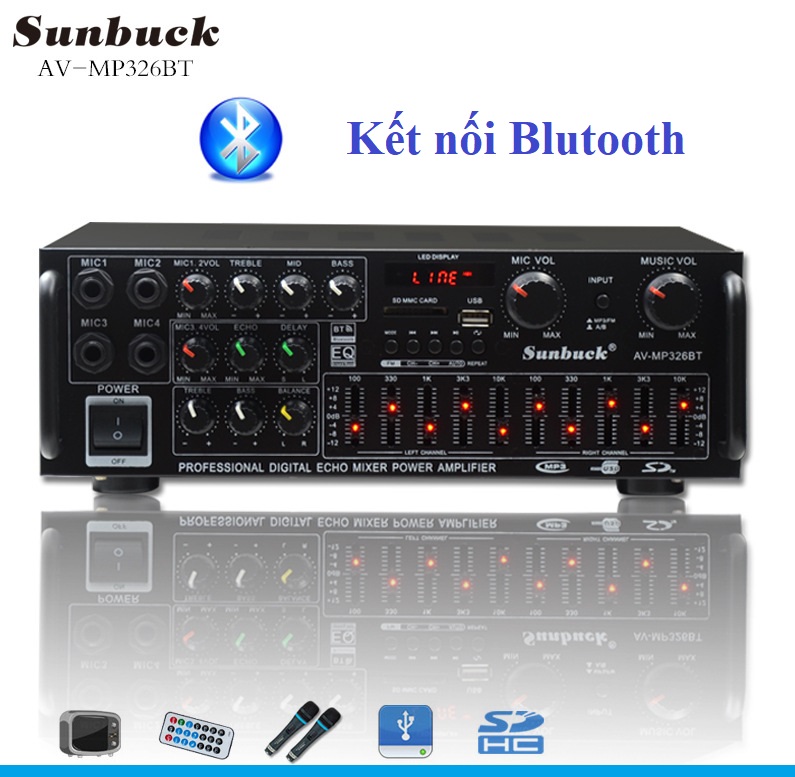 Âm ly karaoke 4 mic, amply sunbuck 326BT âm ly karaoke buluetooth , kết nối blutooth, âm ly gia đình, xe hơi 12v-220v