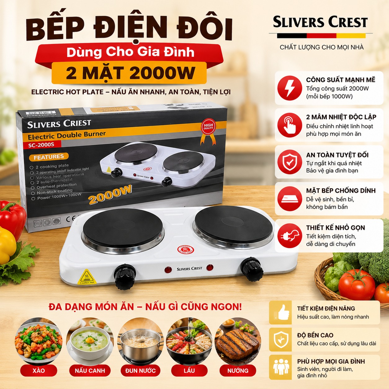 BẾP ĐIỆN Đôi Dùng Cho Gia Đình 2 MẶT 2000W – ELECTRIC HOT PLATE Trắng – PVN9726