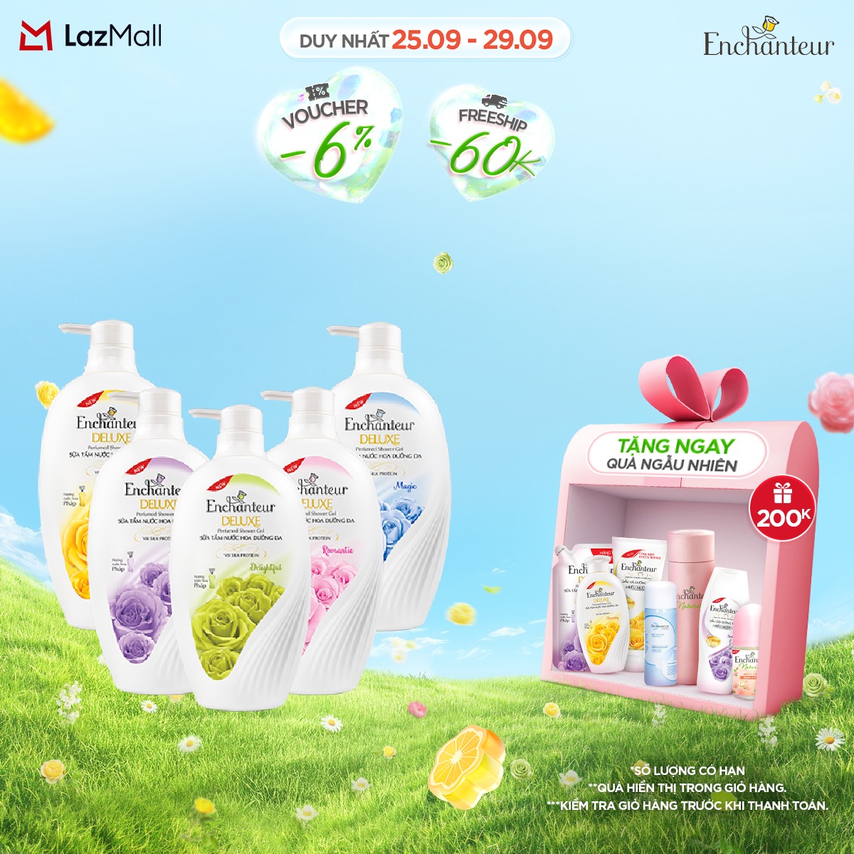 [Seasonal] Sữa tắm nước hoa dưỡng da Enchanteur Charming/Sensation 650g + Tặng túi sữa tắm 200g (quà quấn kèm không hiển thị giỏ hàng)