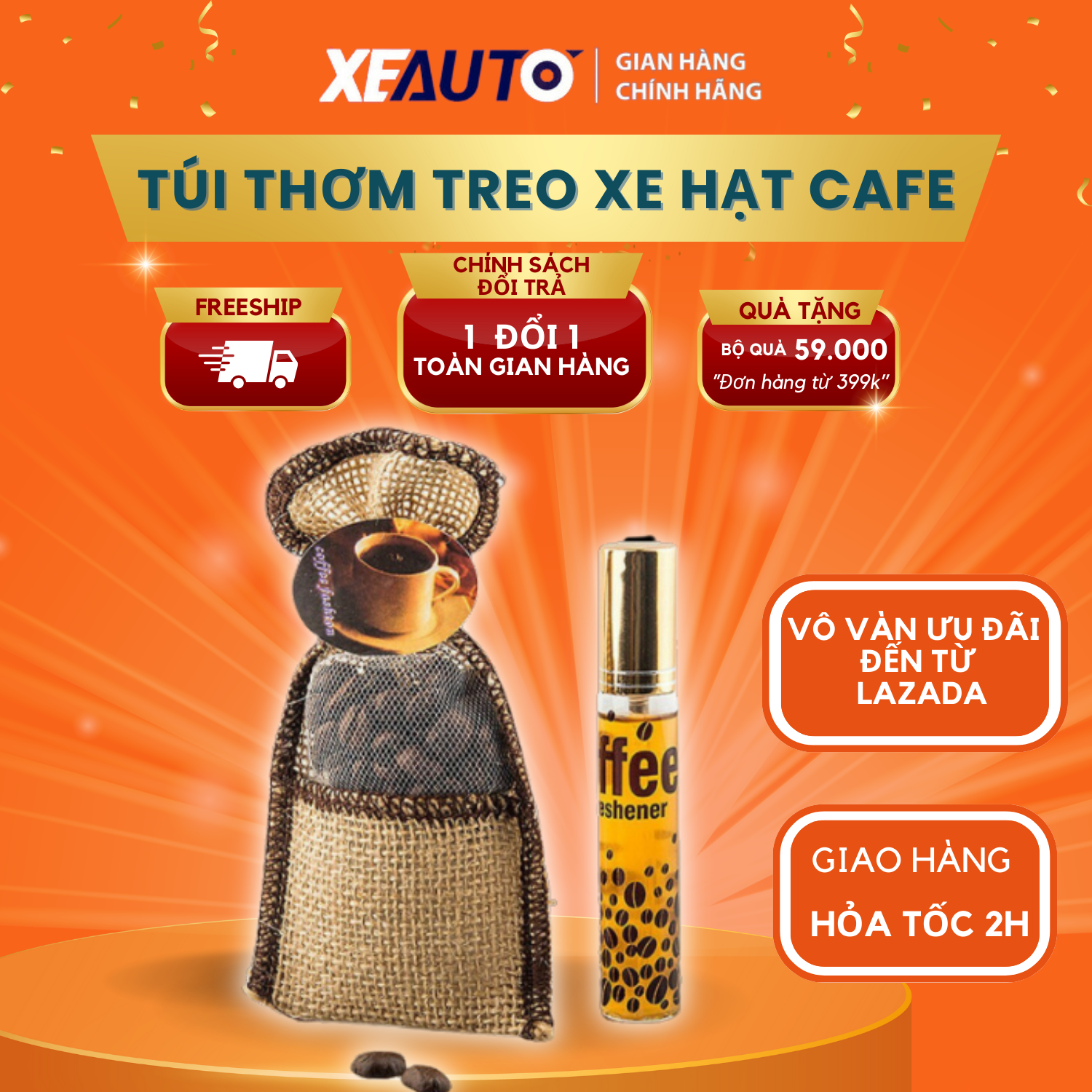Túi thơm treo xe túi thơm phòng, để tủ quần áo - hạt cafe nguyên chất tặng kèm tinh dầu cafe
