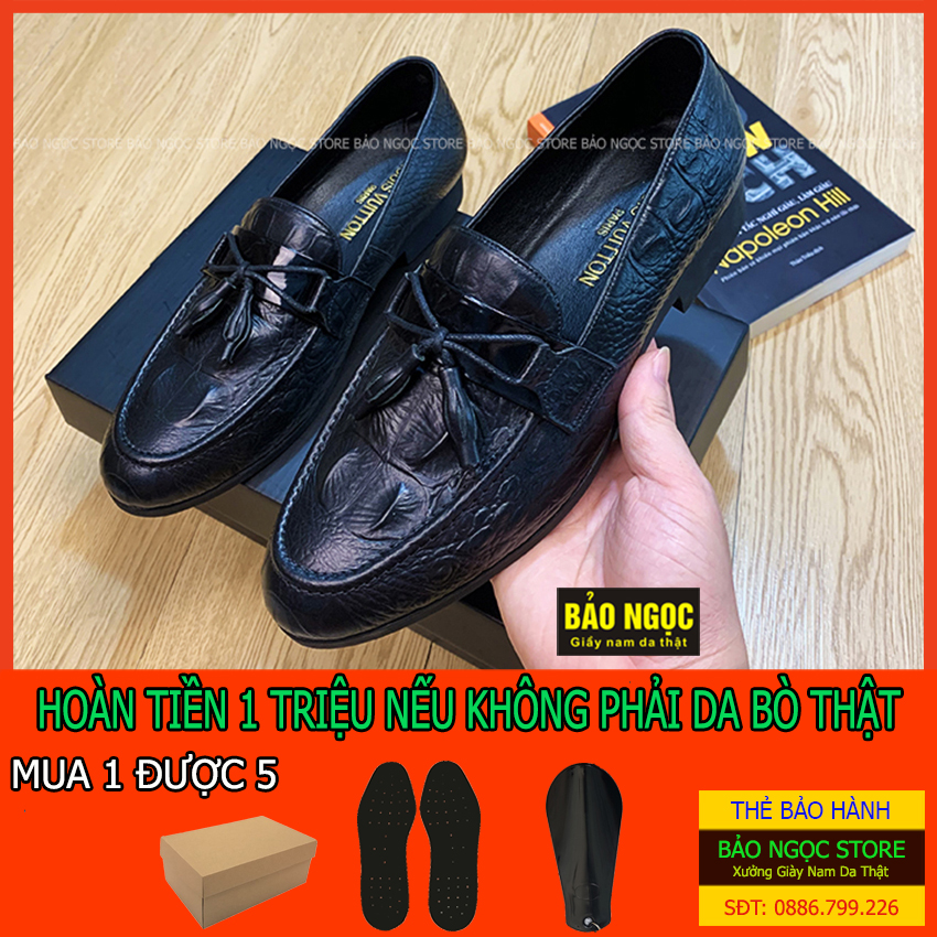 Giày lười nam BẢO NGỌC STORE mã K3516  - CHẤT LIỆU DA BÒ DẬP VÂN CÁ SẤU CAO CẤP - CAO 3CM - BẢO HÀNH NỔ DA 1 NĂM - MÀU ĐEN SANG TRỌNG – XƯỞNG GIÀY NAM BẢO NGỌC