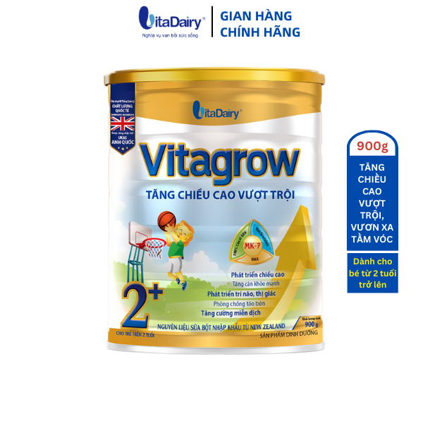 Sữa bột VitaGrow 2+ 900g giúp bé phát triển chiều cao, tăng cân khỏe mạnh - VitaDairy