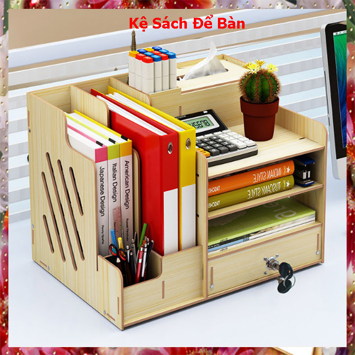 Kệ sách để bàn bằng gỗ đẹp dễ dàng lắp ghép có nhiều ngăn, để bàn học bàn làm việc văn phòng