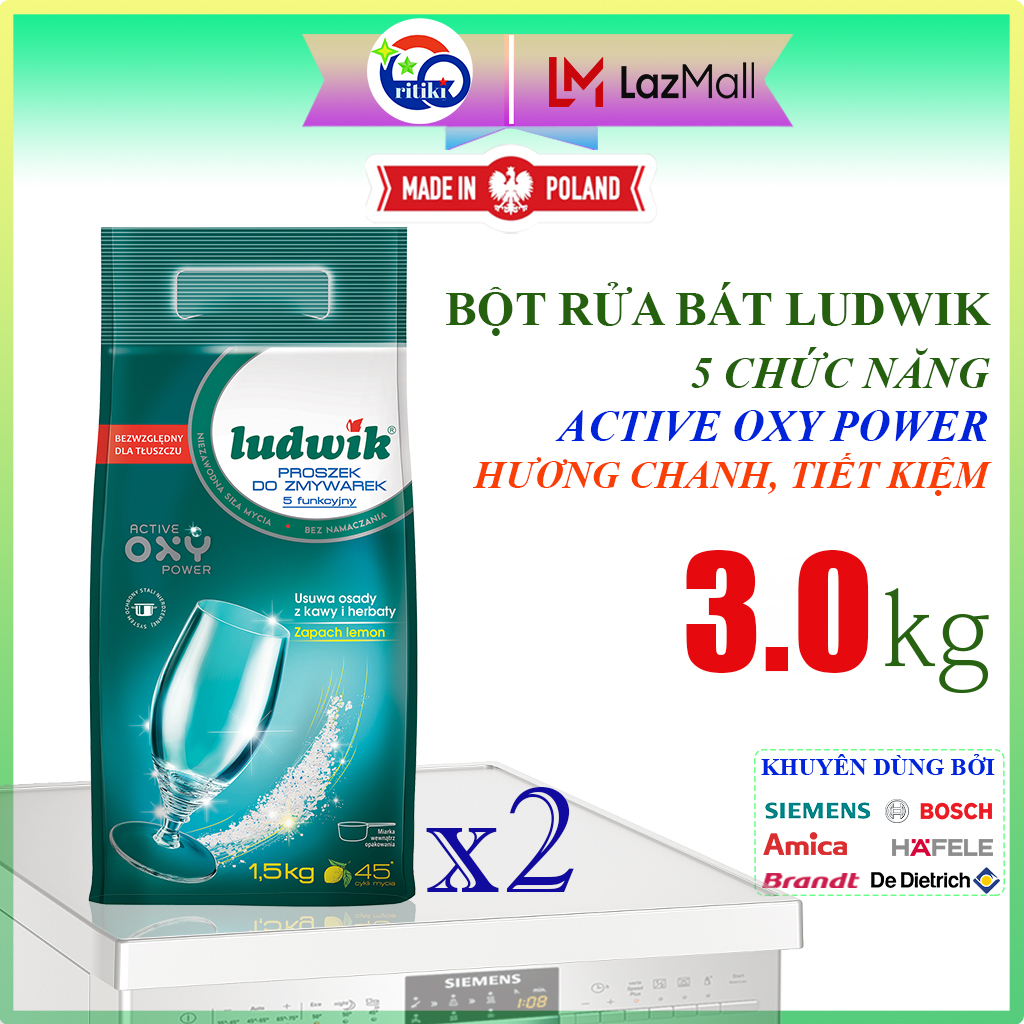 Combo 2 túi Bột rửa bát Ludwik 1.5kg nhập khẩu chính hãng Ba Lan - Bột rửa chén 5 chức năng, siêu sạch với công nghệ Oxy Active Power sạch an toàn