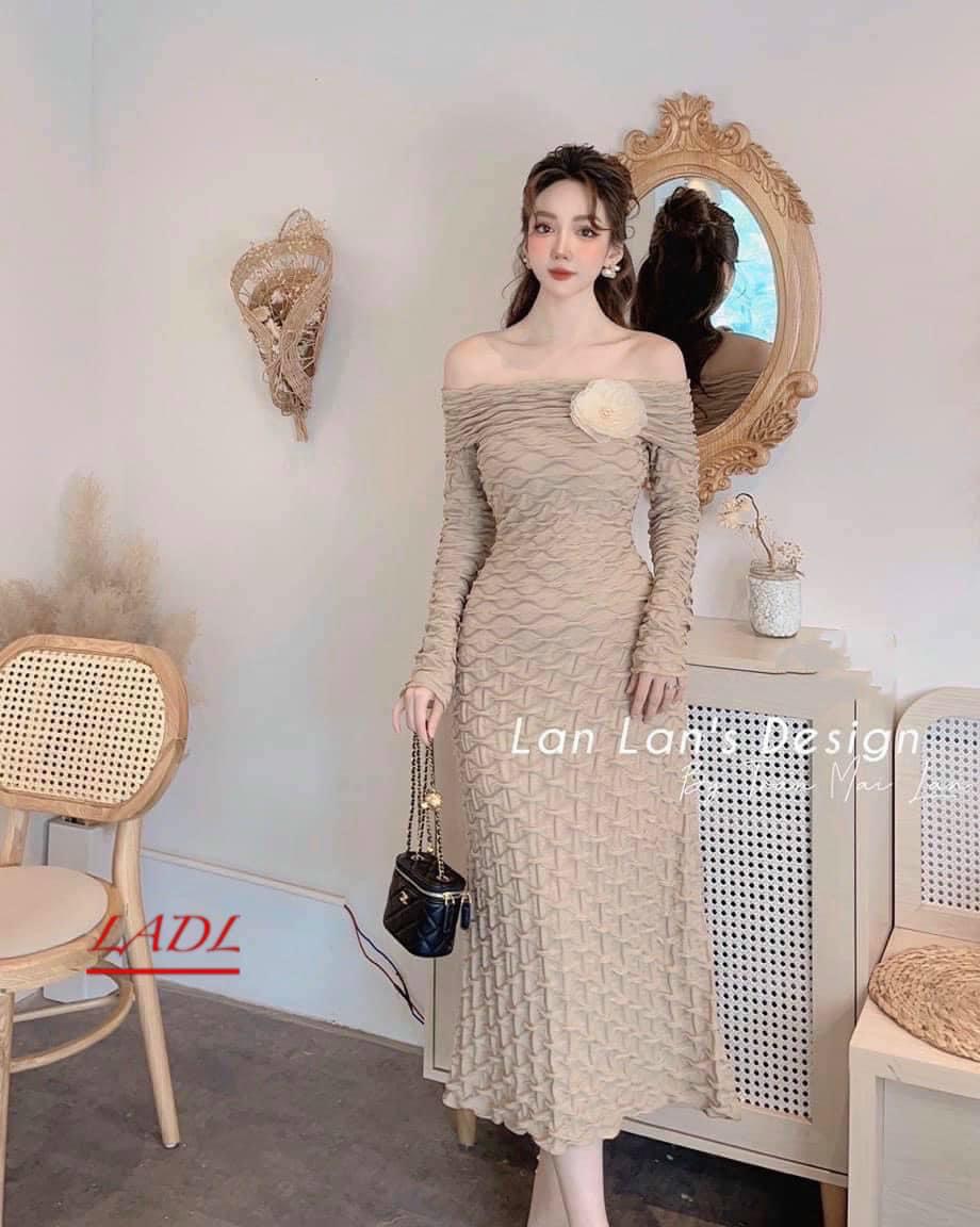 Váy nữ bệt vai đính hoa 3d mặc ôm body tôn dáng