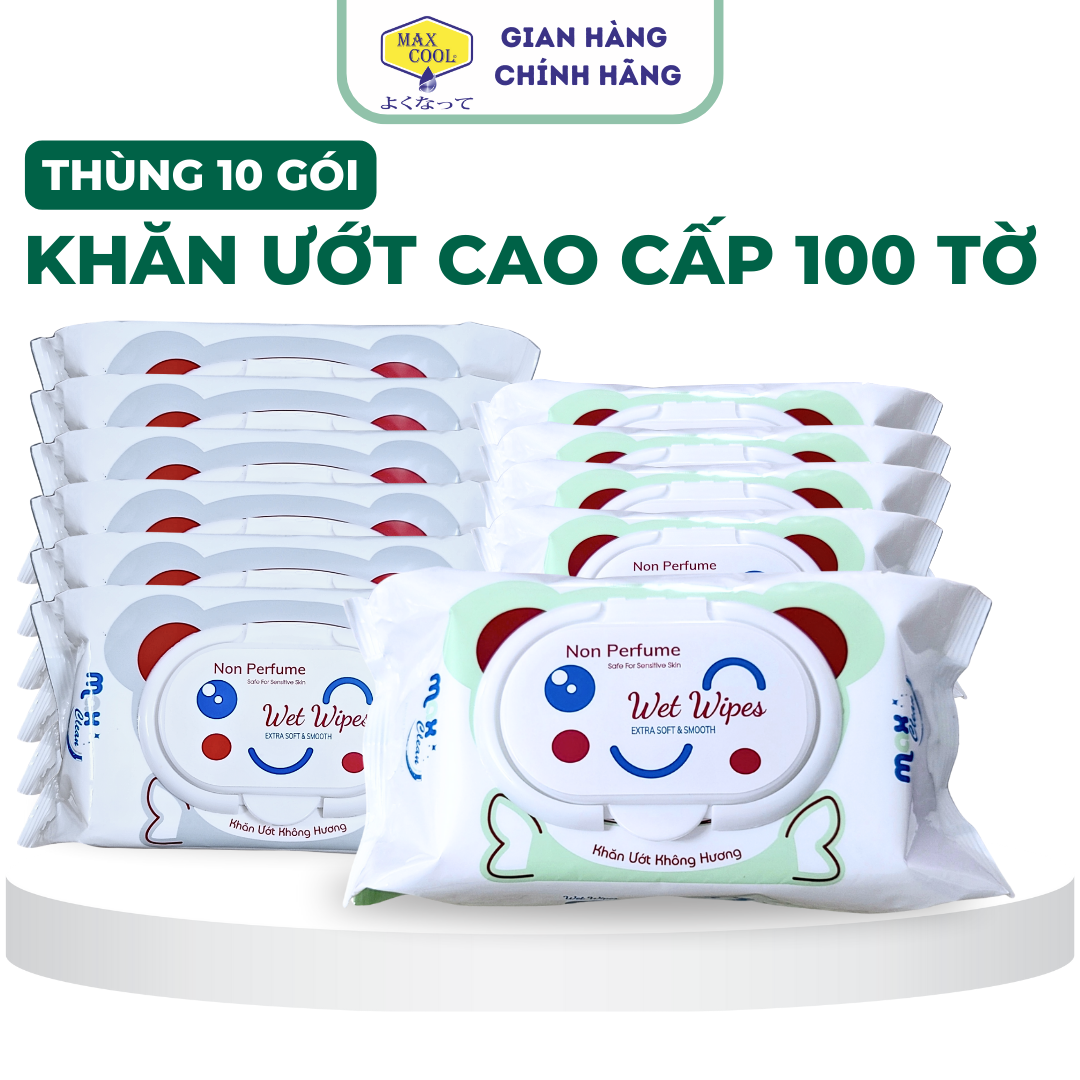 Thùng 10 gói khăn ướt Max Clean 100 tờ không hương màu ngẫu nhiên