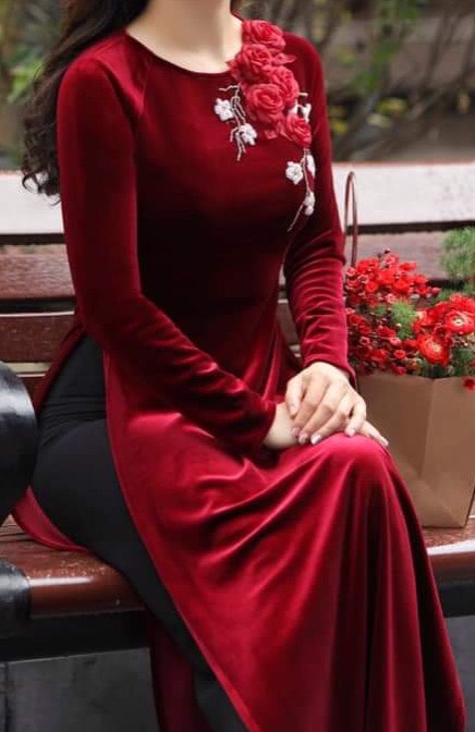Áo dài nhung kết hoa sang trọng, áo dài cách tân cao cấp