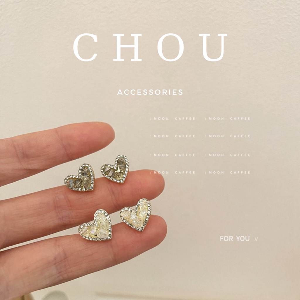 Bông tai, khuyên tai trái tim đính đá xà cừ | chou accessories |
