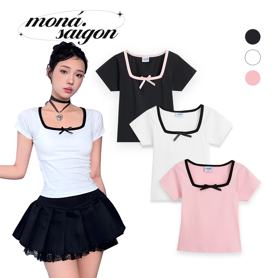 Áo thun form ôm gắn nơ moná - klara