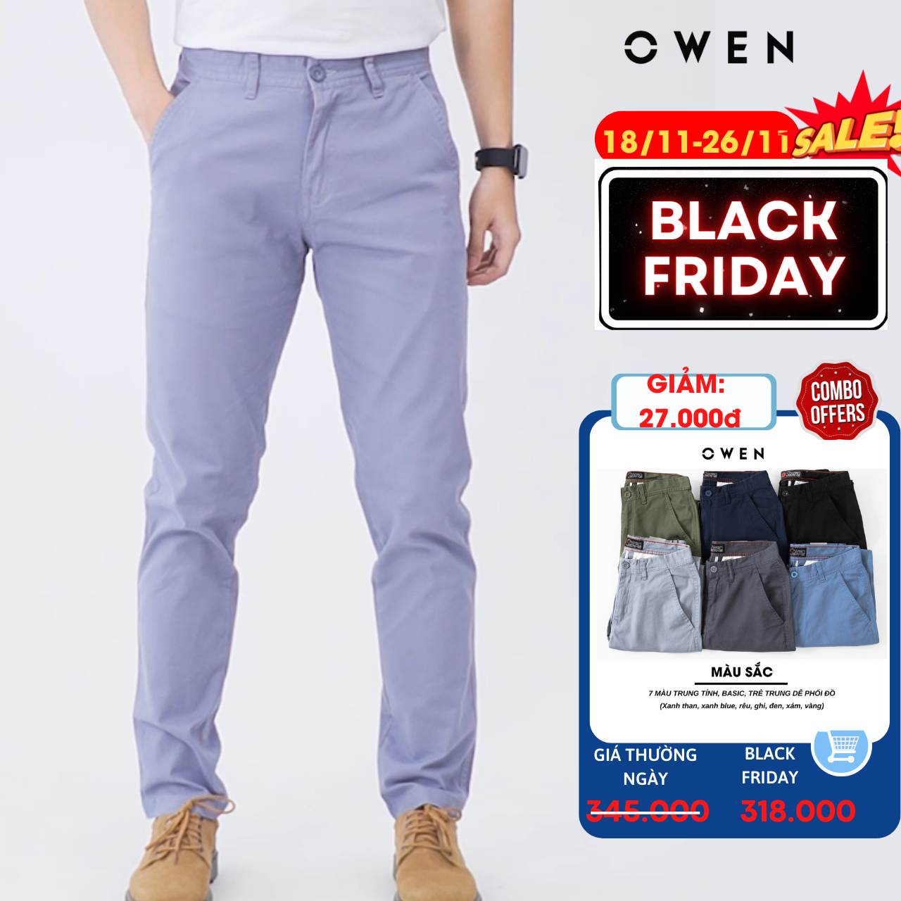 quần kaki nam OWEN chuẩn hãng màu ghi, chất kaki cotton cao cấp, dày dặn, co giãn, form đứng dáng ôm nhẹ trẻ trung, năng động, lịch sự