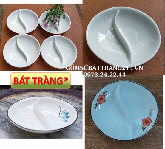 ĐĨA GIA VỊ SỨ BÁT TRÀNG HÌNH ÂM DƯƠNG THÁI CỰC ĐĨA MUỐI TRÒN 2 NGĂN ĐỰNG MẮM NƯỚC CHẤM